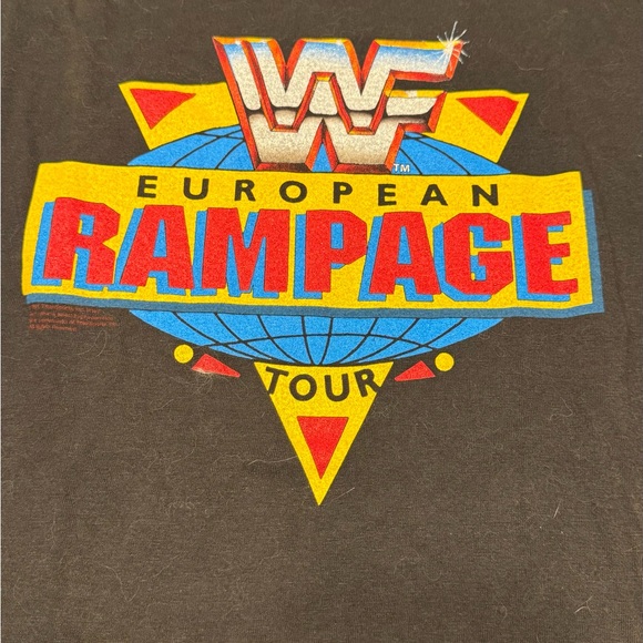 VINTAGE 1991 WWF EUROPEAN RAMPAGE Shirt Large Medium Jim Duggan Bret Hart WWE